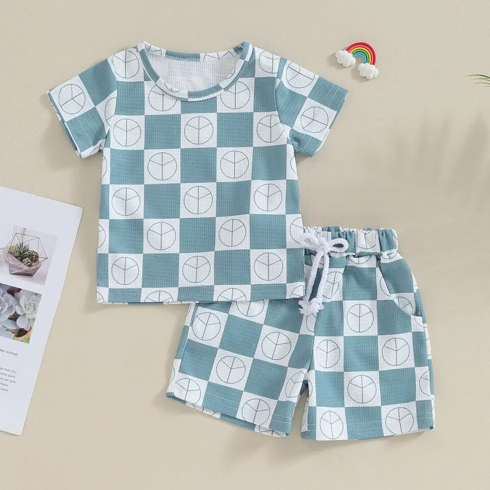 Checkered print waffle knit Baby and Toddler t-shirt & shorts outfit Hippo Boutique