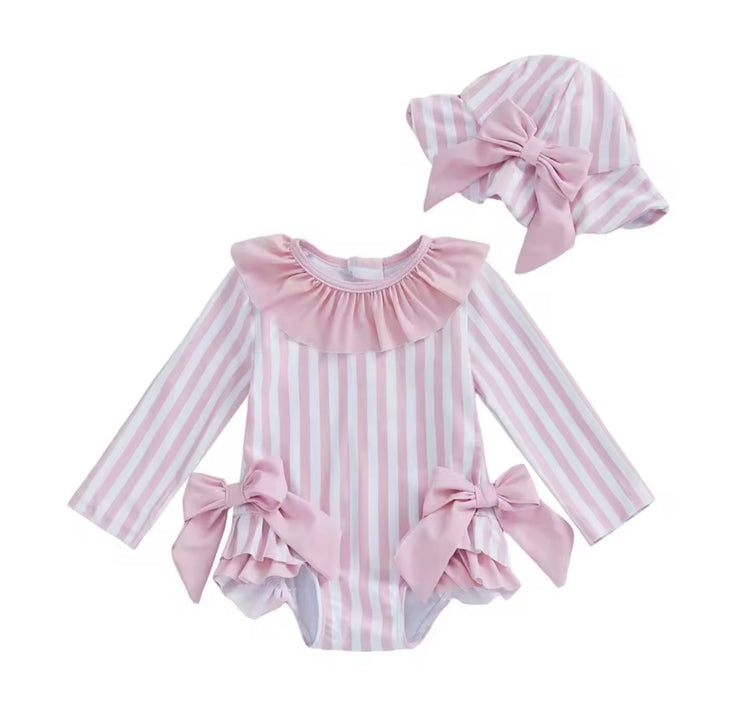 Newborn Baby & Toddler striped Zip Up Swimsuit with matching hat Hippo Boutique