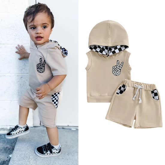 Checkered Peace Baby hooded sleeveless top & shorts outfit Hippo Boutique