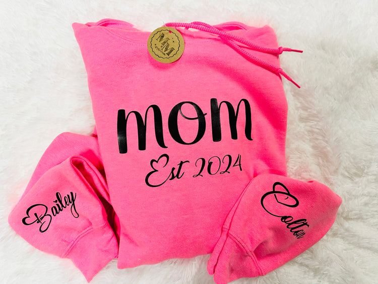 Custom Mama Hoodie with children’s name on sleeve Hippo Boutique