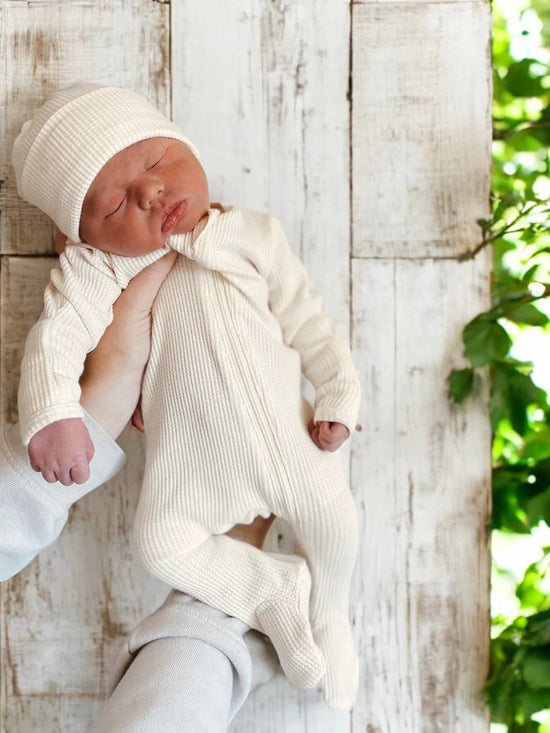 Organic Newborn Waffle Baby Footie Bodysuit with hat Hippo Boutique