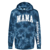 Custom Varsity Mama Tie Dye Hoodies with children’s name on sleeve Hippo Boutique