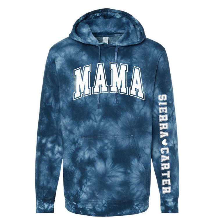 Custom Varsity Mama Tie Dye Hoodies with children’s name on sleeve Hippo Boutique