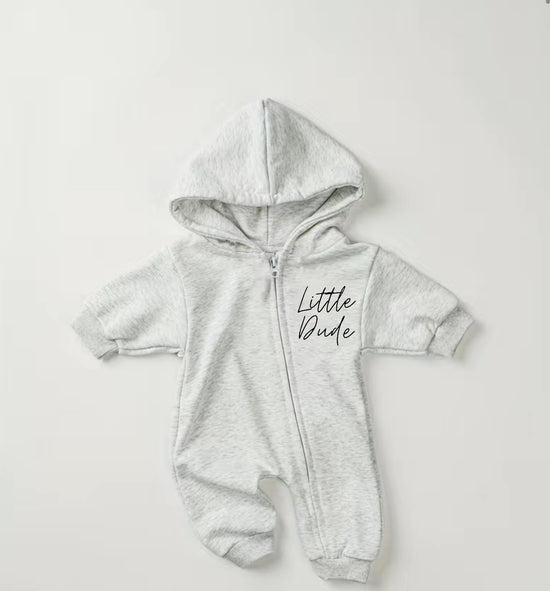 Little Dude Baby Hooded Sweatshirt zip up Jumpsuit Romper Hippo Boutique