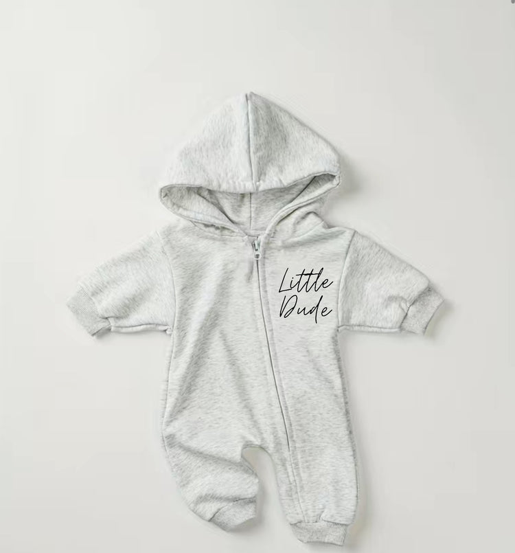 Little Dude Baby Hooded Sweatshirt zip up Jumpsuit Romper Hippo Boutique