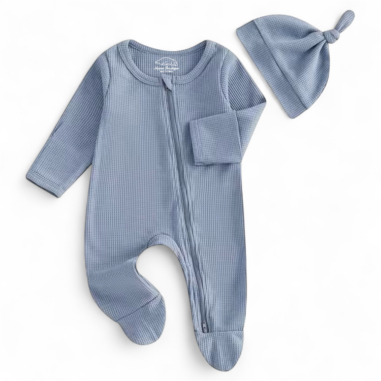 Organic Newborn Waffle Baby Footie Bodysuit with hat Hippo Boutique