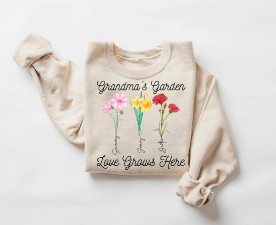 Custom Grandmas Garden Sweatshirt with kids names and birth flowers Hippo Boutique