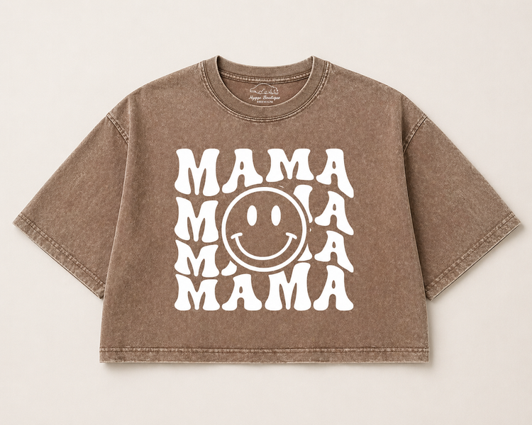 Retro Mama Smile Acid Washed 100% Cotton Oversized Cropped T-Shirts Hippo Boutique