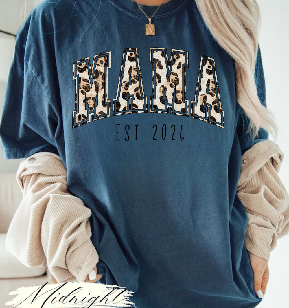 Leopard Print Mama with EST Date Women’s T-Shirt Hippo Boutique