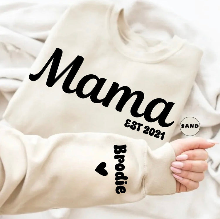 Custom Mama Sweatshirt with children’s name on sleeve Hippo Boutique