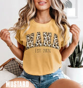 Leopard Print Mama with EST Date Women’s T-Shirt Hippo Boutique