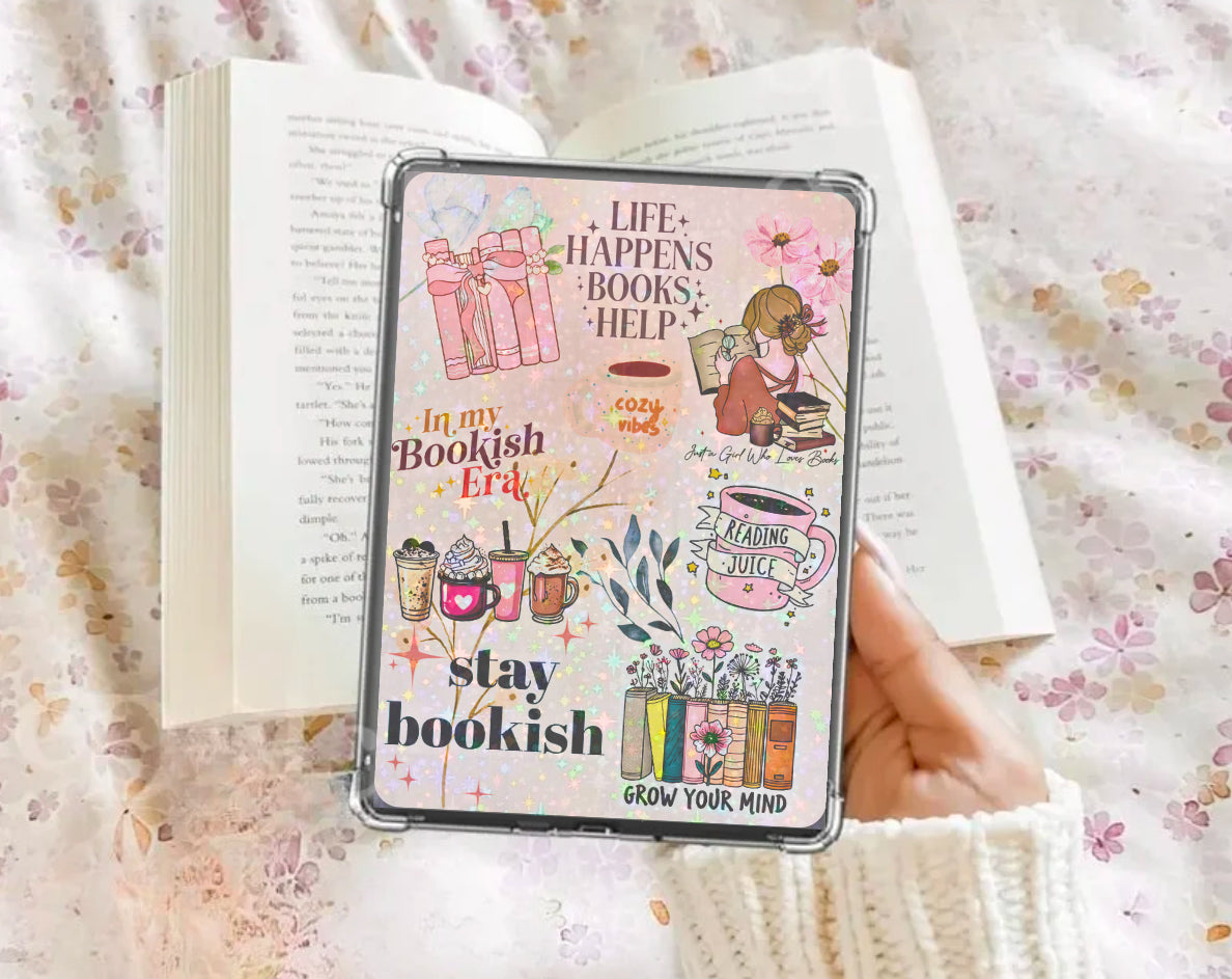 Pink Kindle insert with floral and bookish stickers, handmade Canadian design. - Kindle Insert - Stay Bookish