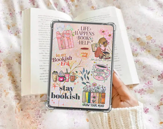 Pink Kindle insert with floral and bookish stickers, handmade Canadian design. - Kindle Insert - Stay Bookish