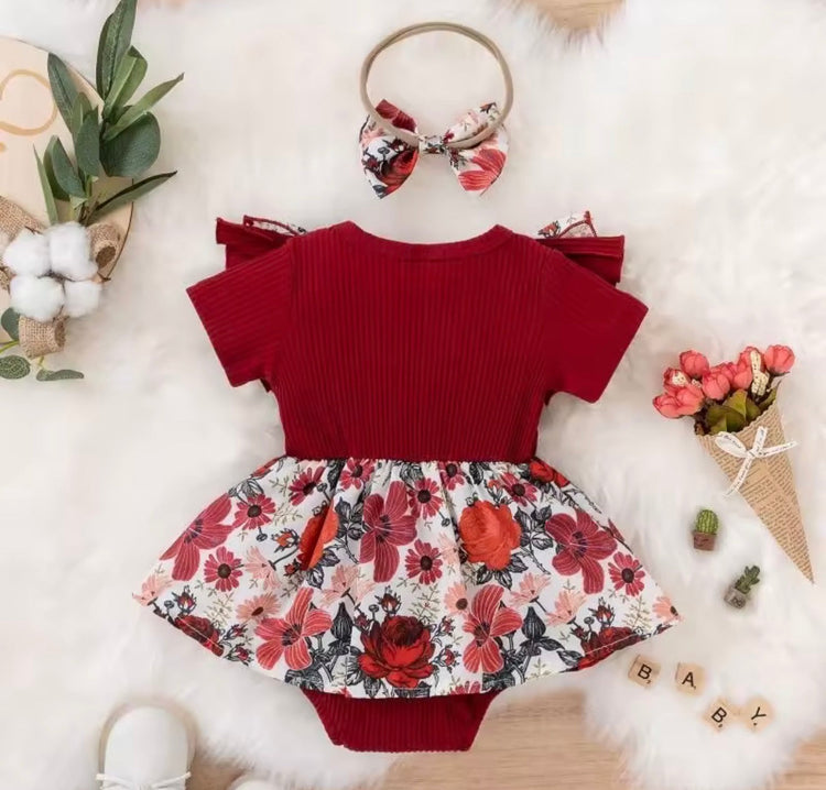 Floral Ruffle Baby Girl Romper Dress with Matching Bow Headband Hippo Boutique