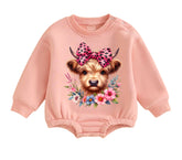 Soft warm fleece Leopard Highland Cow Oversized Sweatshirt Romper Hippo Boutique