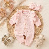 Pink Knit Baby Girl Romper with Ruffle Sleeves & Matching Bow Headband Hippo Boutique