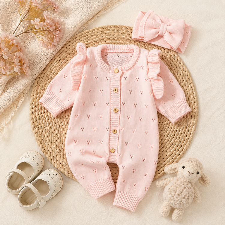 Pink Knit Baby Girl Romper with Ruffle Sleeves & Matching Bow Headband Hippo Boutique