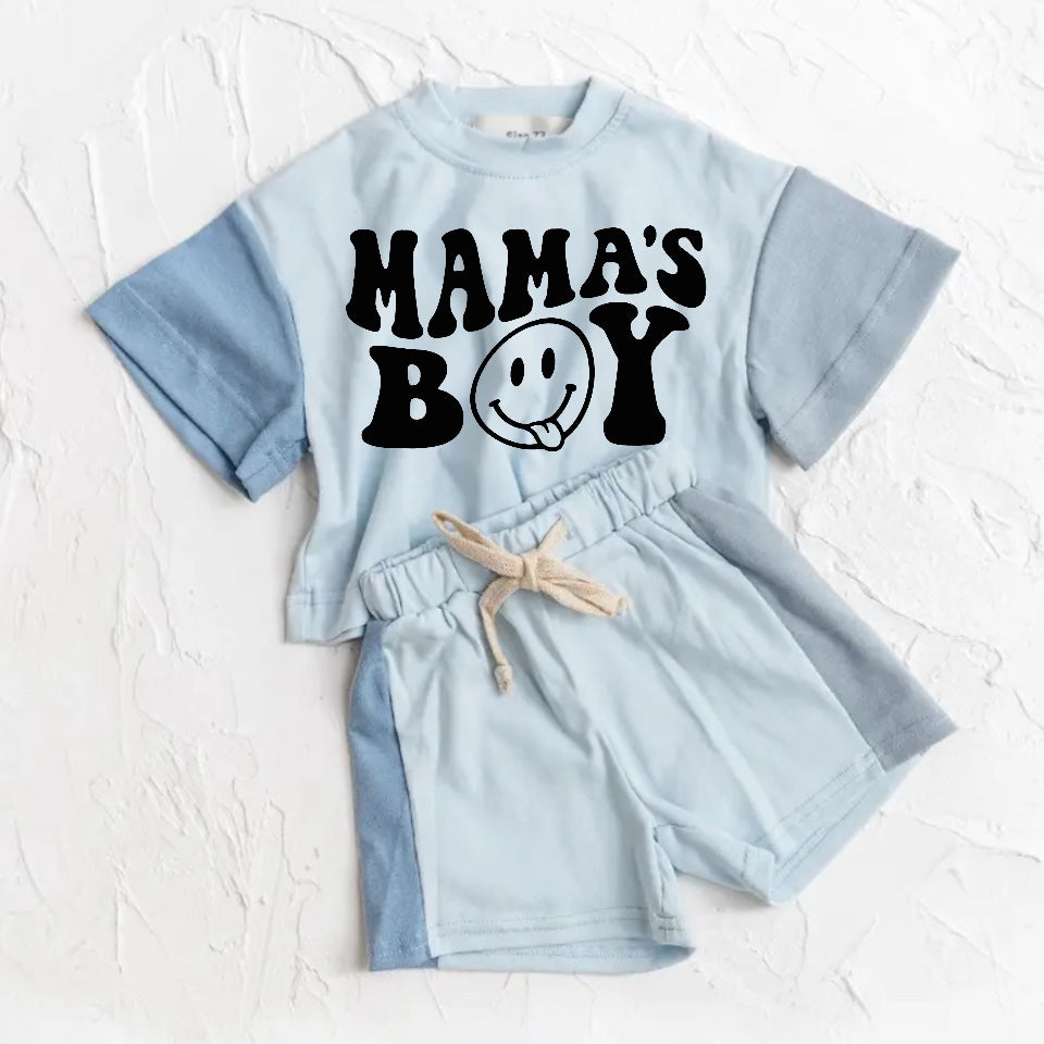 Mama’s Boy Baby and Kids cotton color block t-shirt & shorts outfit Hippo Boutique