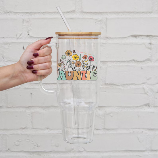 Floral Auntie Glass Tumbler Cups Hippo Boutique