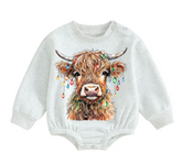 Christmas Highland Cow fleece Baby Oversized christmas Sweatshirt Romper Hippo Boutique