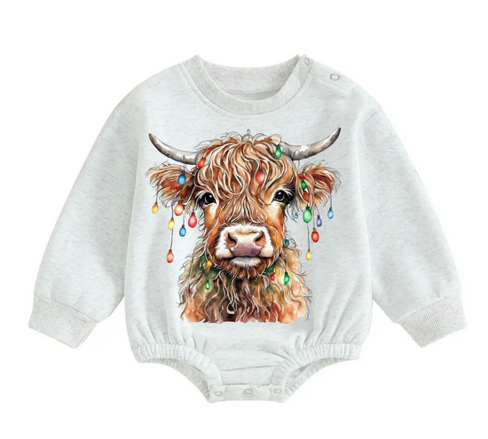Christmas Highland Cow fleece Baby Oversized christmas Sweatshirt Romper Hippo Boutique