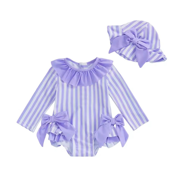 Newborn Baby & Toddler striped Zip Up Swimsuit with matching hat Hippo Boutique
