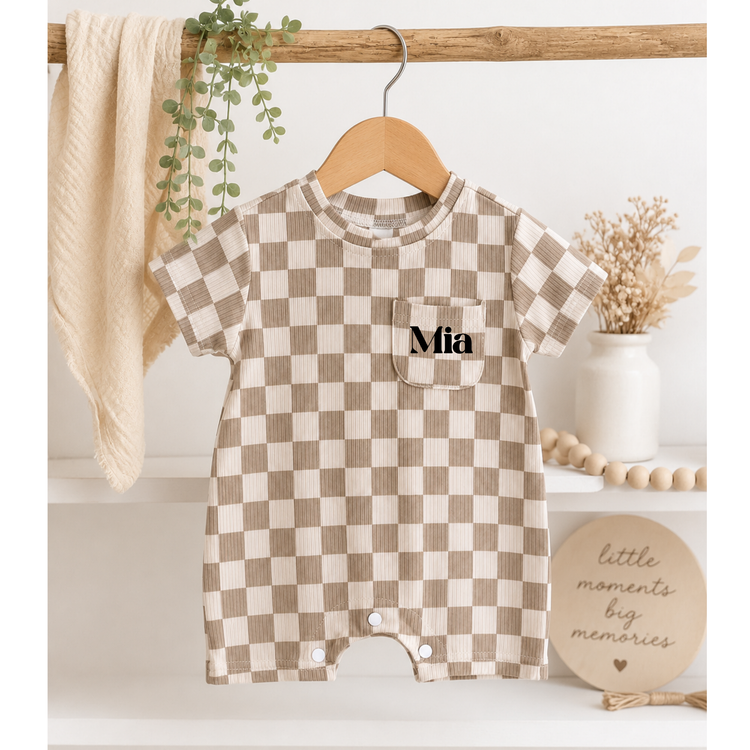 Personalized Baby Name Checkered Romper Hippo Boutique