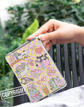 Handmade colorful Kindle insert with cute retro cat and floral bookish design on pink background. - Kindle Insert - Cute Retro Bookish Cat