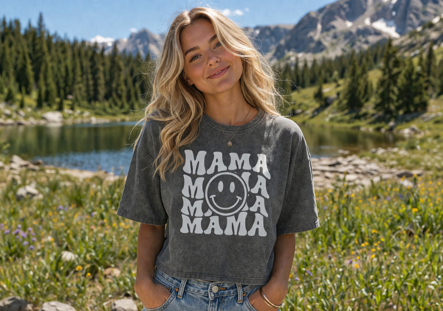 Retro Mama Smile Acid Washed 100% Cotton Oversized Cropped T-Shirts Hippo Boutique