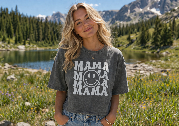 Retro Mama Smile Acid Washed 100% Cotton Oversized Cropped T-Shirts Hippo Boutique