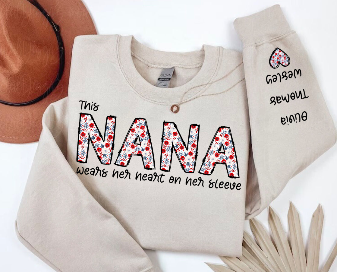 Custom Floral Nana Sweatshirt with children’s name on sleeve Hippo Boutique