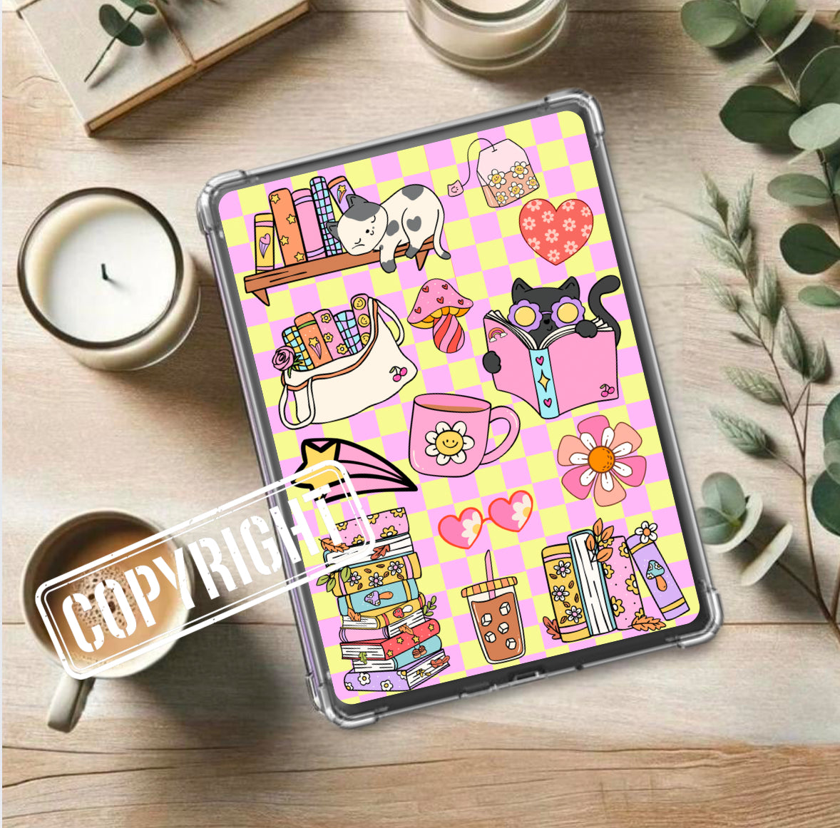 Kindle insert with retro cat, books, flowers, and teacup on pink and yellow checkered background. - Kindle Insert - Cute Retro Bookish Cat