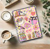 Kindle insert with retro cat, books, flowers, and teacup on pink and yellow checkered background. - Kindle Insert - Cute Retro Bookish Cat