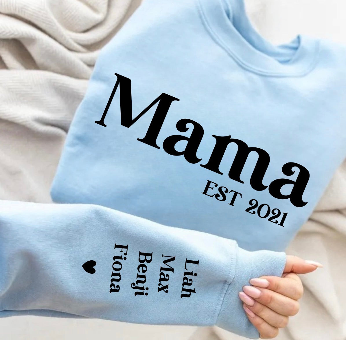 Custom Mama Sweatshirt with children’s name on sleeve Hippo Boutique