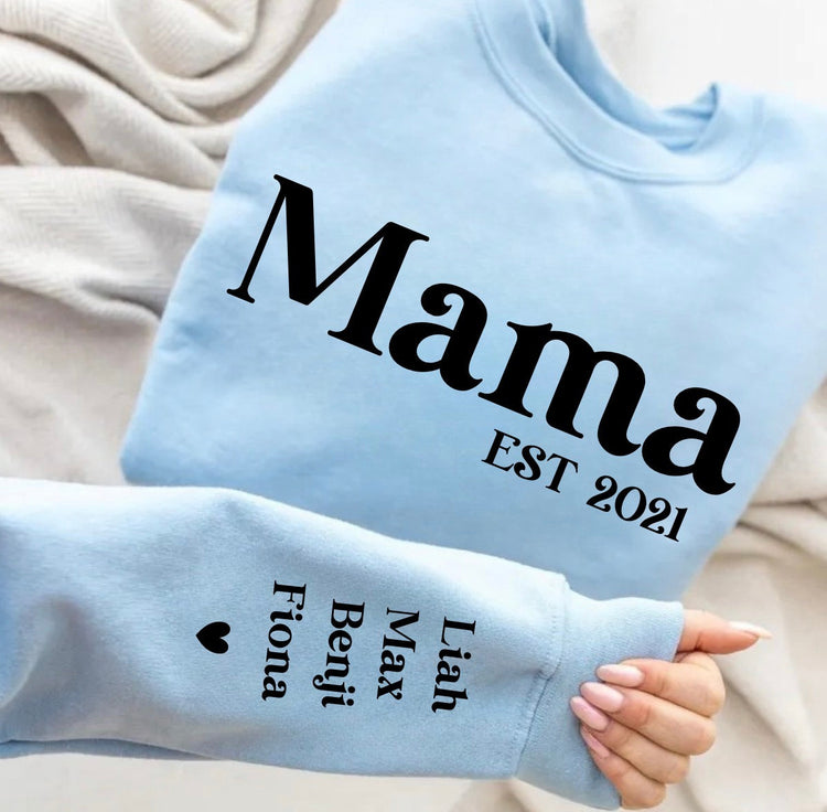 Custom Mama Sweatshirt with children’s name on sleeve Hippo Boutique
