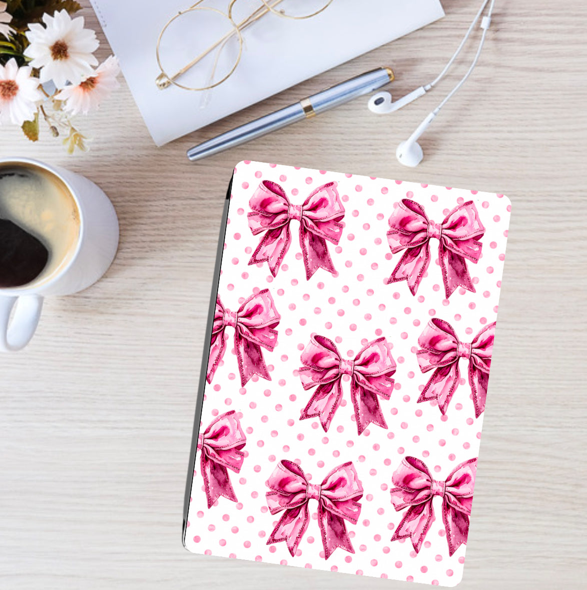 Pink polka dot Kindle case with repeating handmade floral bow design, soft fabric cover. - Kindle Case - Pink Coquette