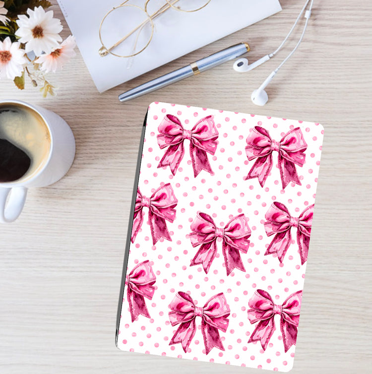 Pink polka dot Kindle case with repeating handmade floral bow design, soft fabric cover. - Kindle Case - Pink Coquette