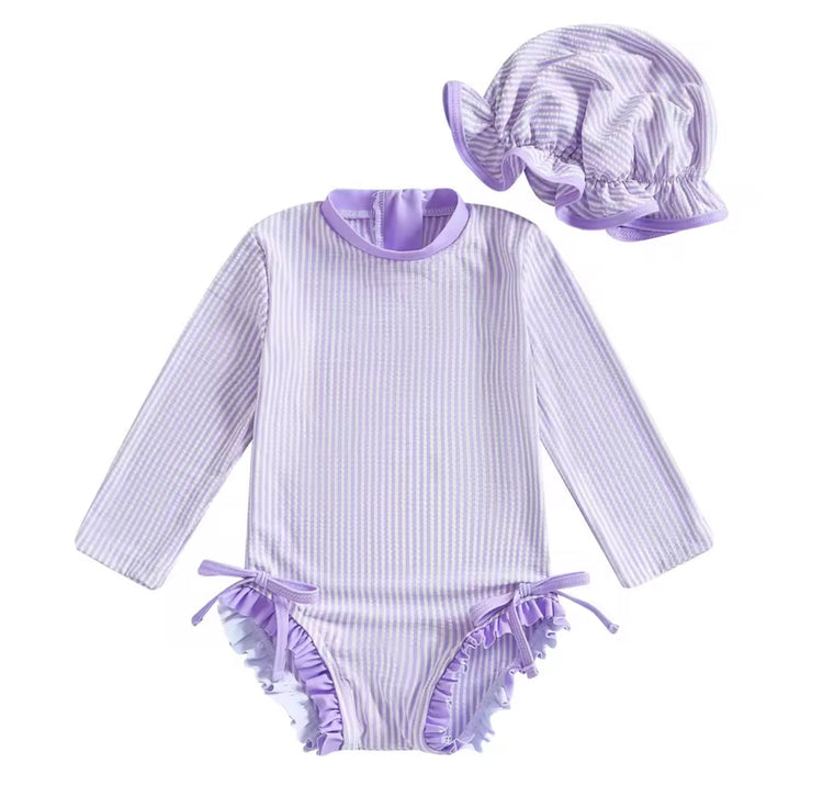 Newborn Baby & Toddler striped Zip Up Swimsuit with hat and bows Hippo Boutique