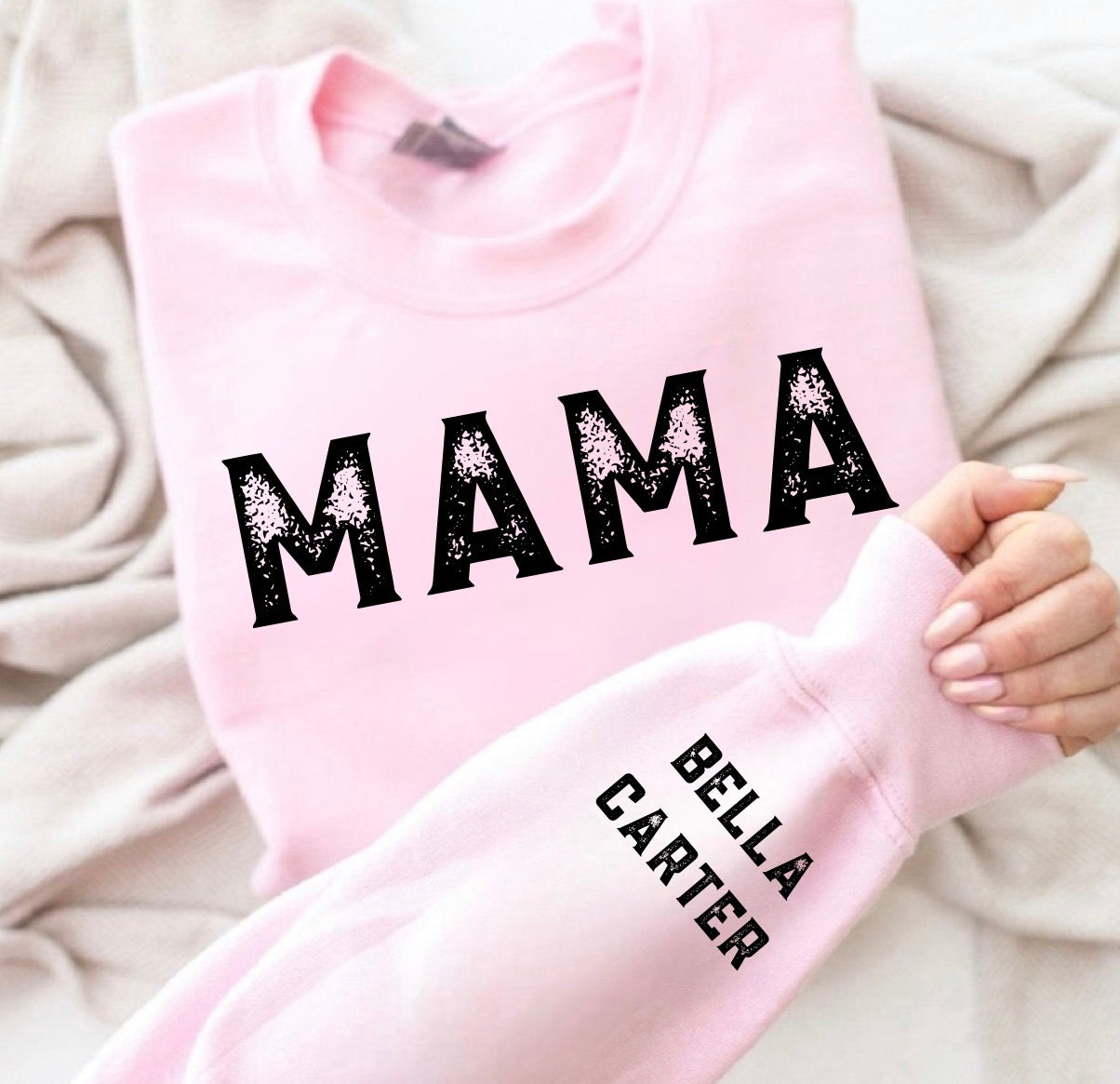 Custom Mama Sweatshirt with children’s name on sleeve - Distressed Hippo Boutique