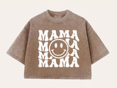 Retro Mama Smile Acid Washed 100% Cotton Oversized Cropped T-Shirts Hippo Boutique