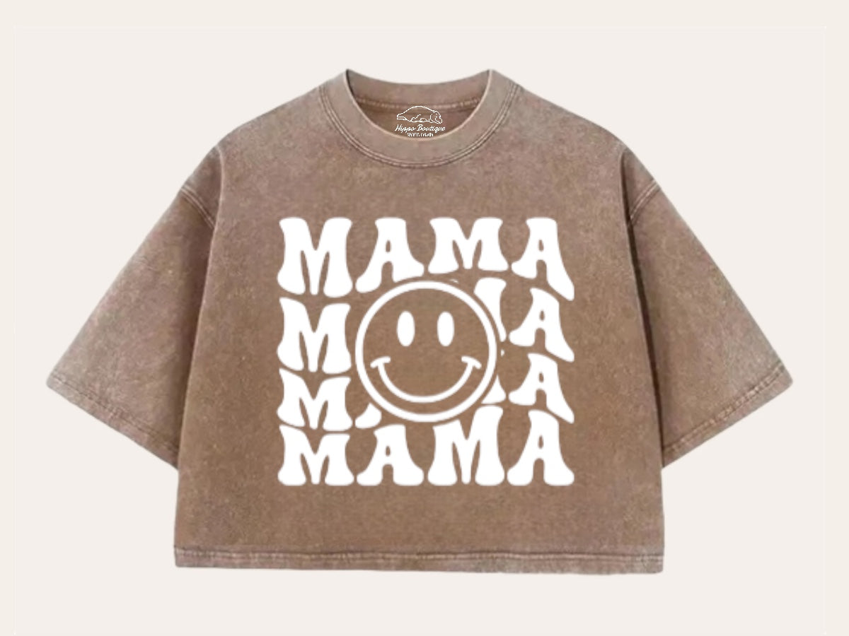 Retro Mama Smile Acid Washed 100% Cotton Oversized Cropped T-Shirts Hippo Boutique
