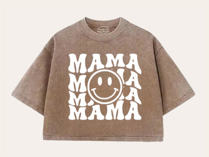 Retro Mama Smile Acid Washed 100% Cotton Oversized Cropped T-Shirts Hippo Boutique