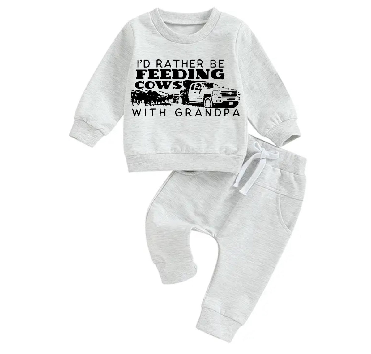 Feeding cows with grandpa Baby Outfit set sweatshirt and pants Hippo Boutique