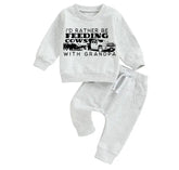Feeding cows with grandpa Baby Outfit set sweatshirt and pants Hippo Boutique