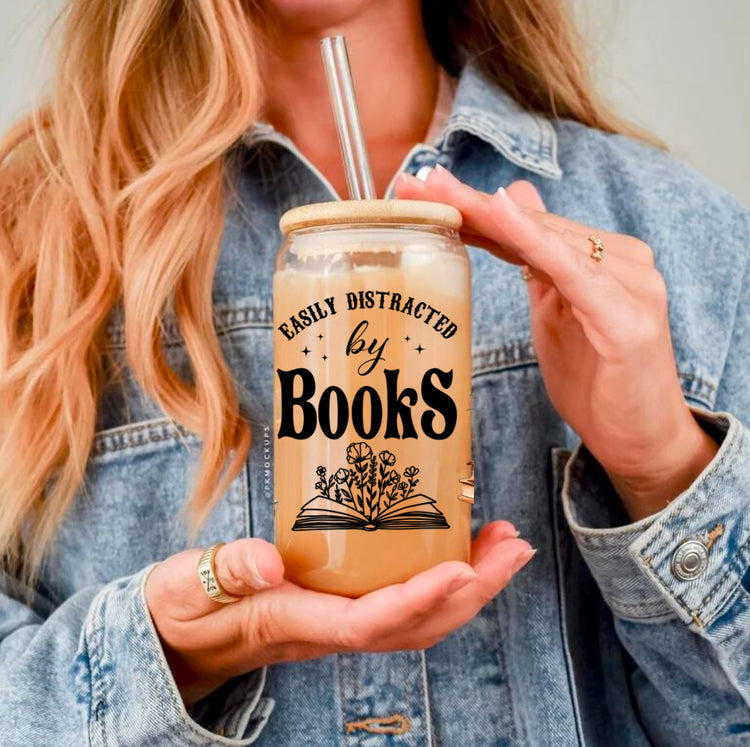 Handmade frosted glass tumbler with wooden lid and straw, black book-themed design, Canadian-made, comfortable grip. - Distracted by Books Floral Libbey Glass Cup