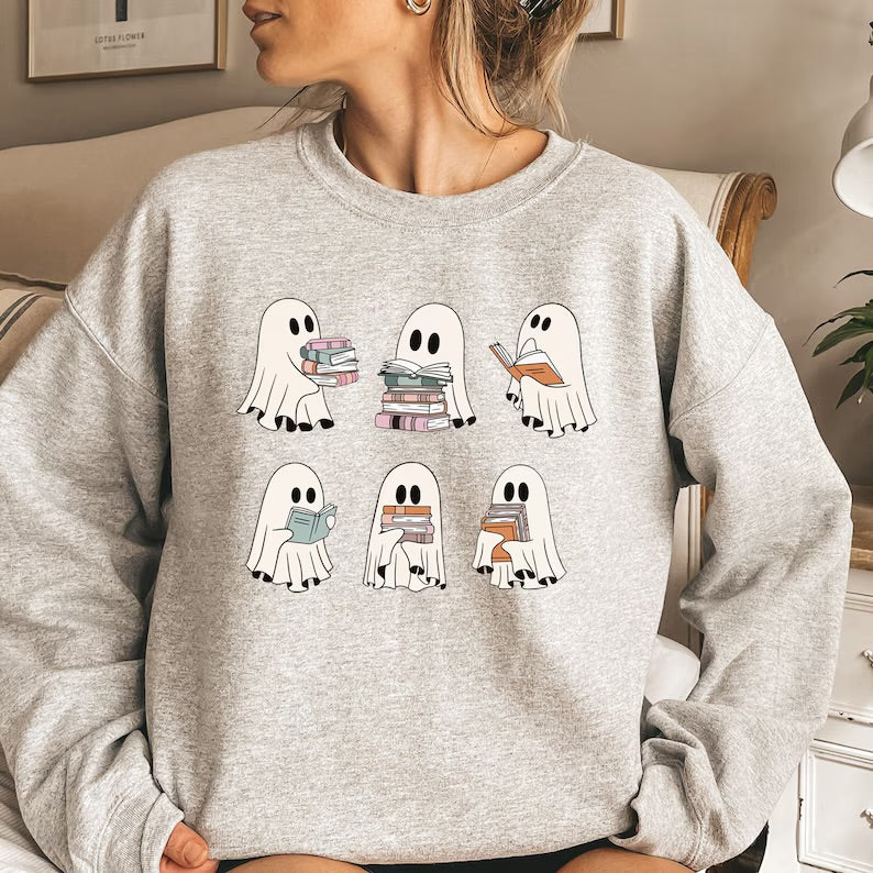 Halloween fleece crewneck Sweatshirts Reading Ghosts Hippo Boutique