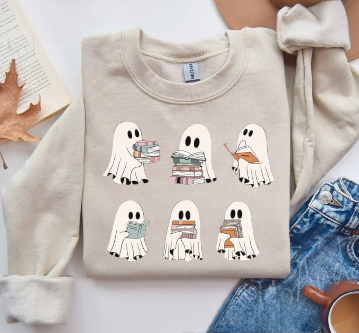 Halloween fleece crewneck Sweatshirts Reading Ghosts Hippo Boutique