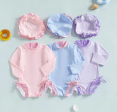 Newborn Baby & Toddler striped Zip Up Swimsuit with hat and bows Hippo Boutique