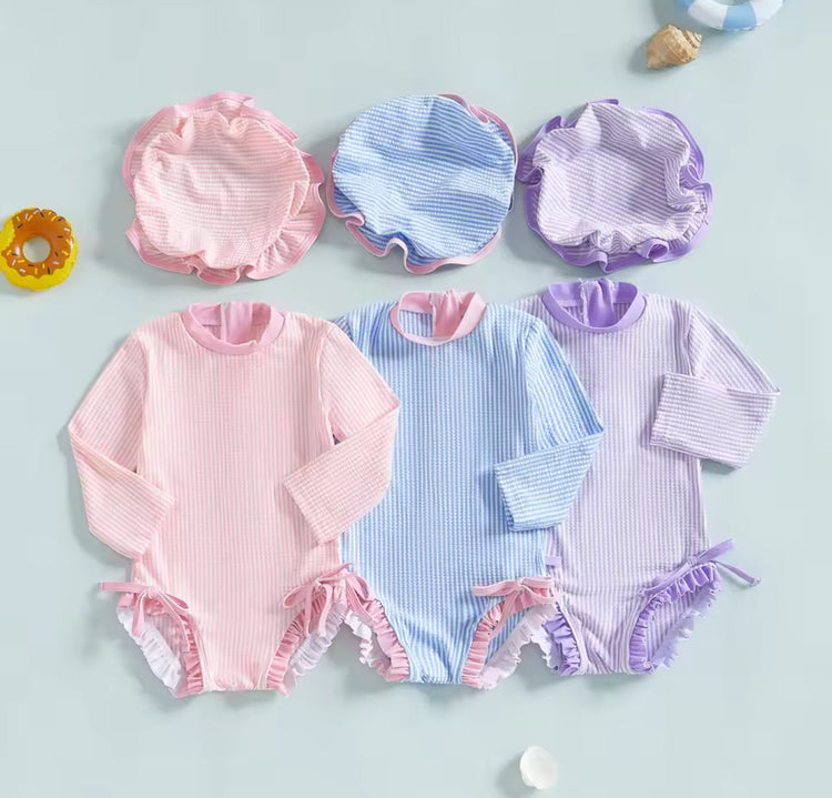 Newborn Baby & Toddler striped Zip Up Swimsuit with hat and bows Hippo Boutique