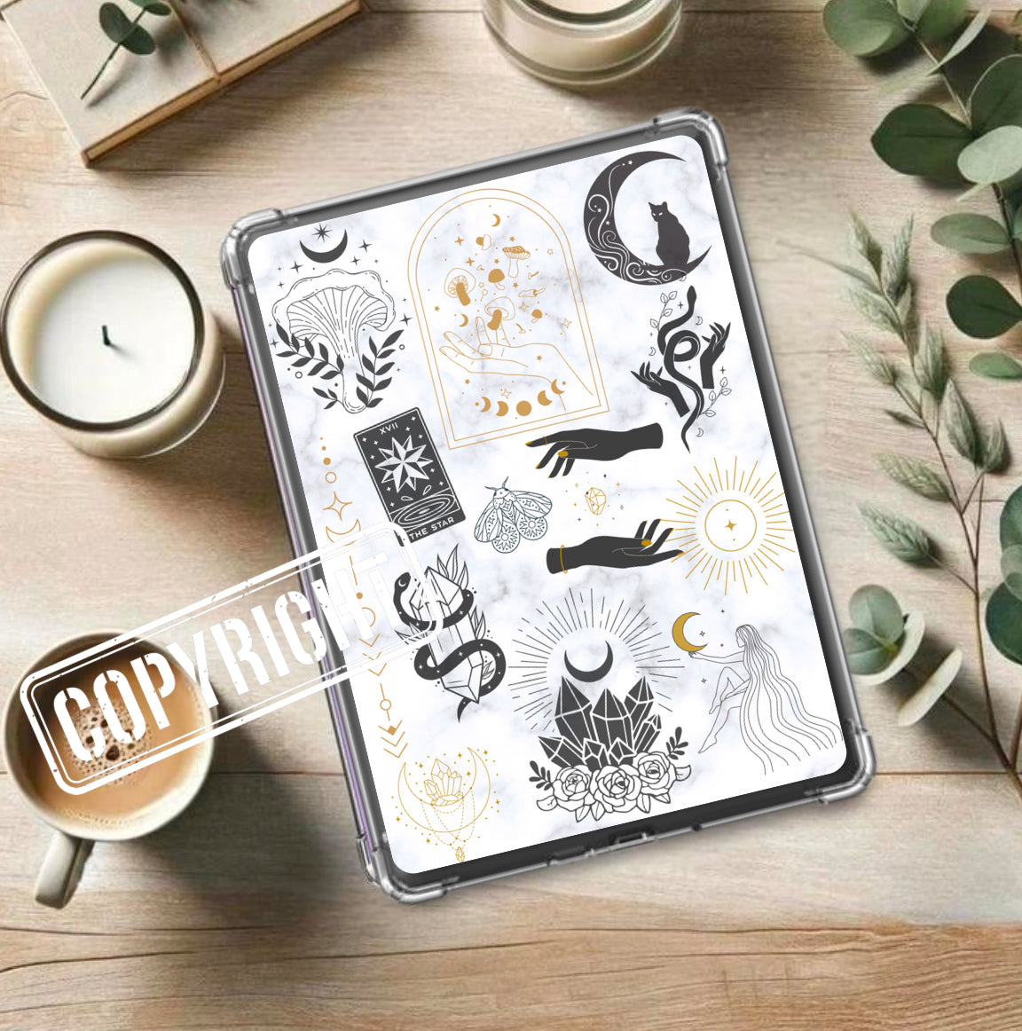 Kindle case with handmade fantasy mystical moon design featuring black cats, moons, and gold floral accents on white. - Kindle Insert - Fantasy Mystical Moon